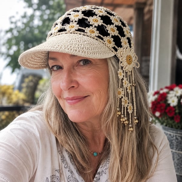 🌻 Gorro de ganchillo hecho a mano con girasoles | Diseño bohemio transpirable de punto abierto con flores dimensionales, borlas florales y lazo trasero ajustable 👒