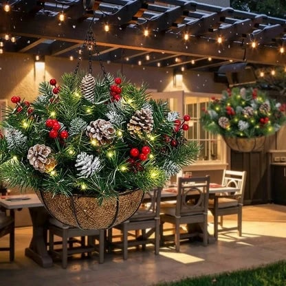 🎄Christmas Hot Sale🔥 Pre-Lit Christmas Hanging Basket | Warm LED Evergreen Décor for Porches, Doors & Entryways ✨