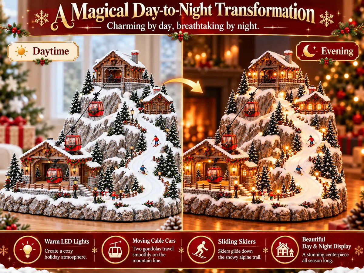 Animated Christmas Mountain Cable Car & Ski Village Scene ✨20cm