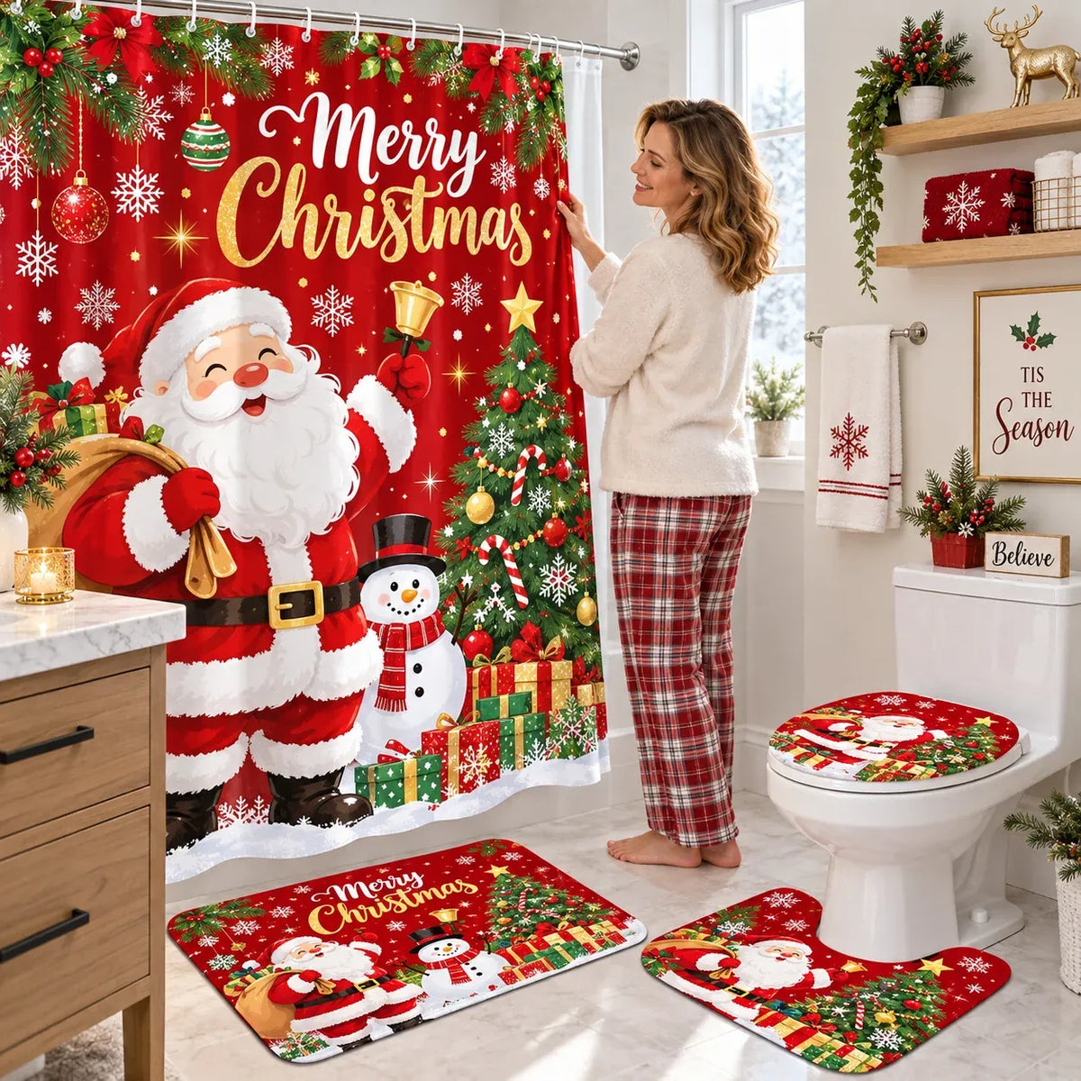 🔥😍🎄🛁 Christmas Bathroom Makeover Set – 4 Matching Pieces for Instant Holiday Cheer