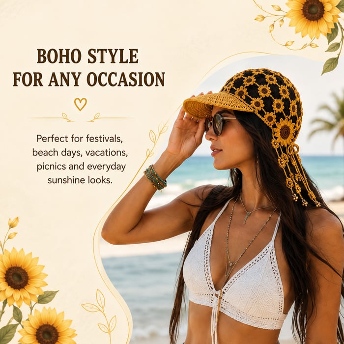 🌻 Gorro de ganchillo hecho a mano con girasoles | Diseño bohemio transpirable de punto abierto con flores dimensionales, borlas florales y lazo trasero ajustable 👒
