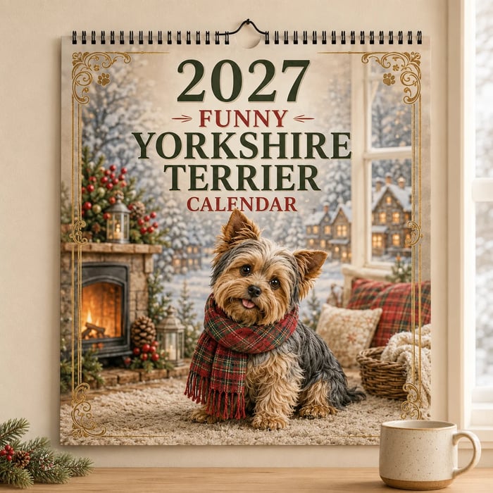 Calendario de pared divertido de Yorkshire Terrier de 2027 | Calendario colgante A4