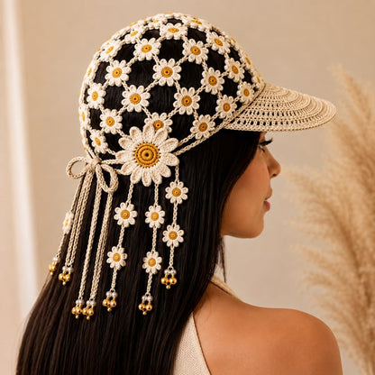 🌻 Gorro de ganchillo hecho a mano con girasoles | Diseño bohemio transpirable de punto abierto con flores dimensionales, borlas florales y lazo trasero ajustable 👒