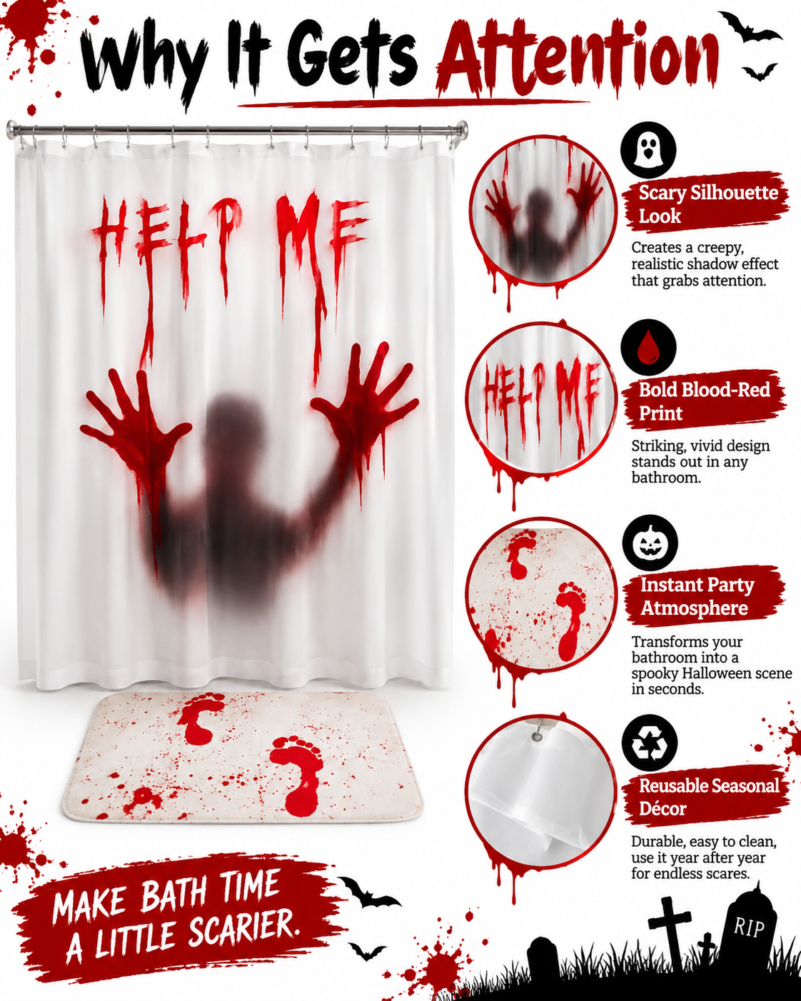 Halloween shower curtain feature infographic