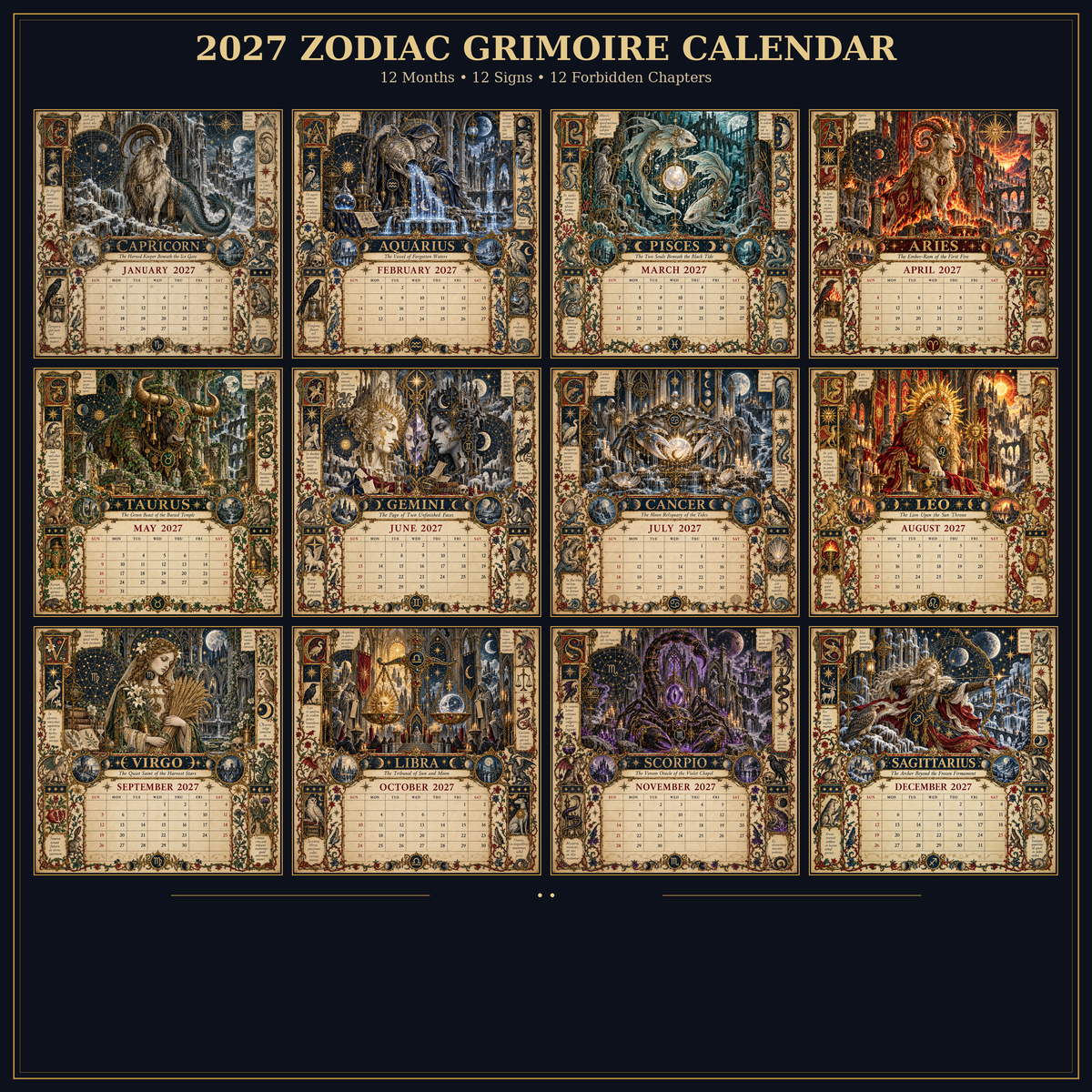 2027 Zodiac Grimoire Calendar| 12 Signs, 12 Forbidden Chapters