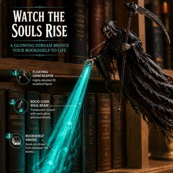 💀 Luz de estantería de Halloween "Soul Harvester" | Decoración de Parca Flotante con Haz de Alma Brillante para Estanterías, Rincones de Lectura y Exhibiciones Góticas 🎃