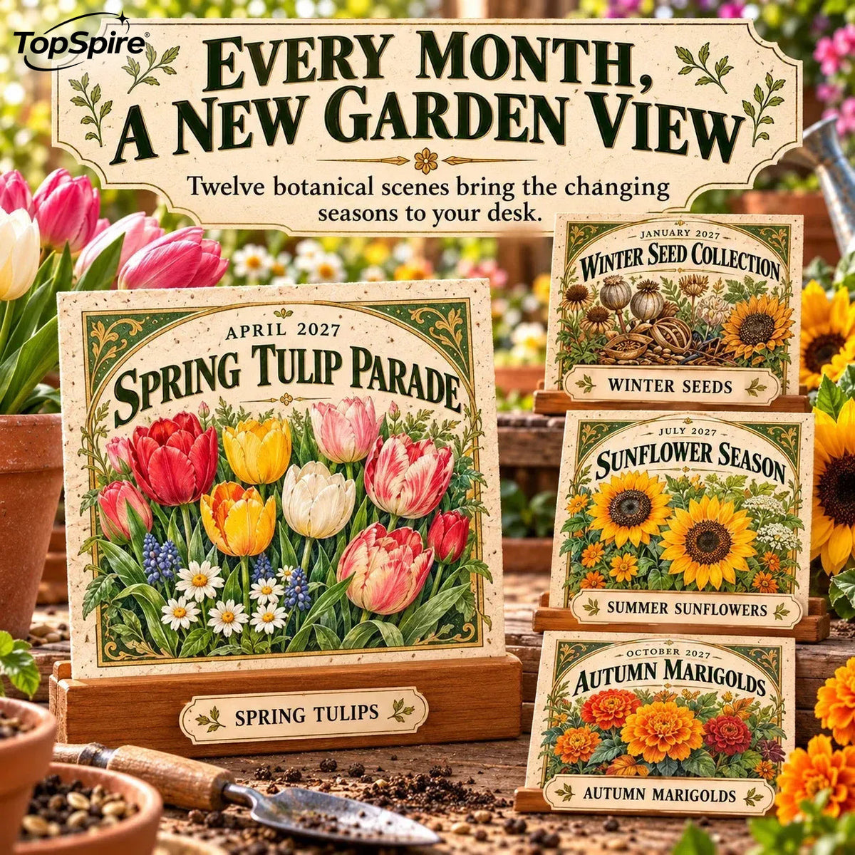 ⏰ Limited Time Sale 49% OFF🌱 2027 Heirloom Garden Plantable Seed Calendar | 12 Plantable Months with Vintage Botanical Art & Wooden Stand 🌼