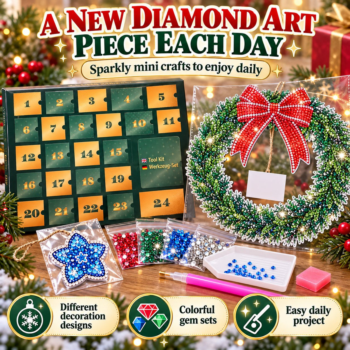 💎🎄 Beginner-Friendly 24-Day Diamond Art Wreath Advent Calendar – Craft Your Christmas Countdown
