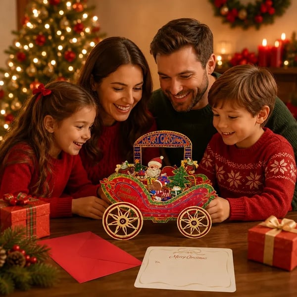 🎄3D Pop Up Christmas Carriage Greeting Card 🎠 Freestanding Gold Foil Festive Keepsake Ornament with Envelope