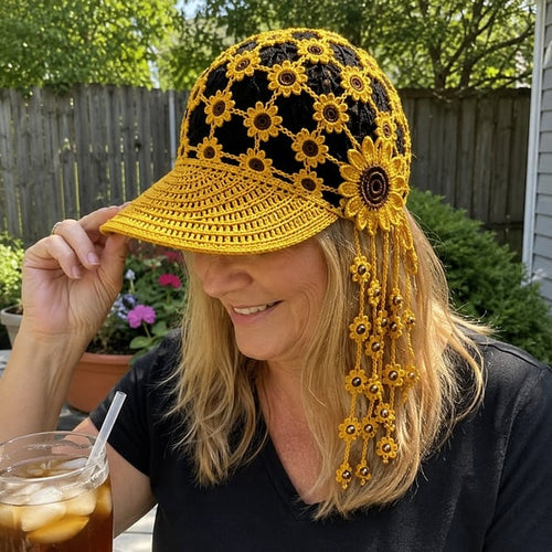 🌻 Gorro de ganchillo hecho a mano con girasoles | Diseño bohemio transpirable de punto abierto con flores dimensionales, borlas florales y lazo trasero ajustable 👒