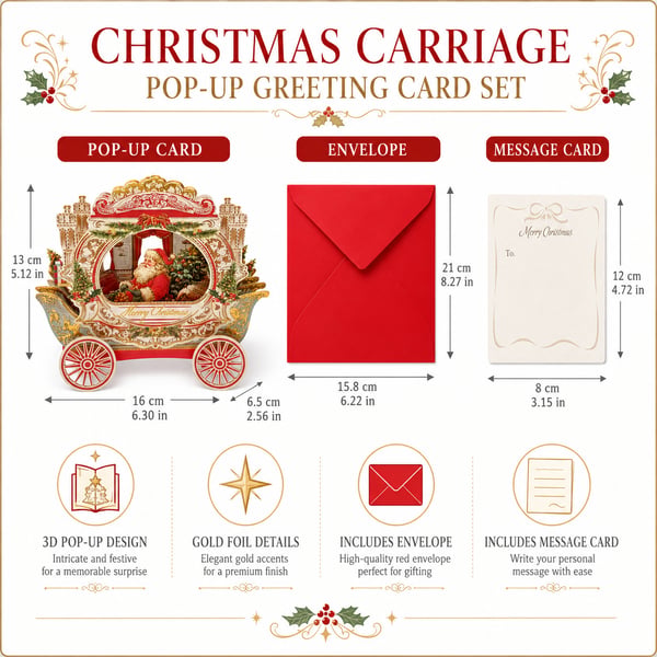 🎄3D Pop Up Christmas Carriage Greeting Card 🎠 Freestanding Gold Foil Festive Keepsake Ornament with Envelope