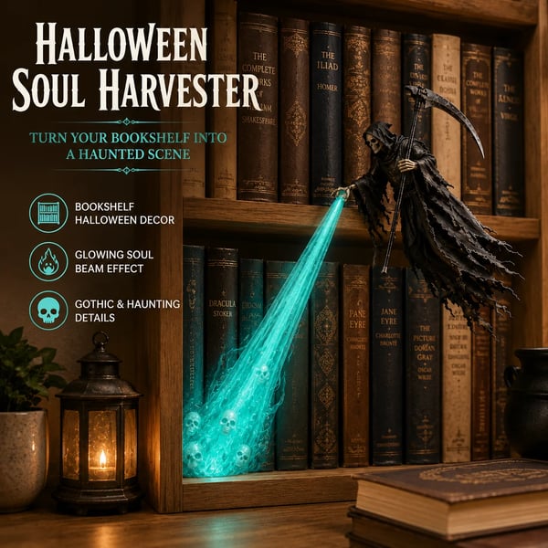 💀 Luz de estantería de Halloween "Soul Harvester" | Decoración de Parca Flotante con Haz de Alma Brillante para Estanterías, Rincones de Lectura y Exhibiciones Góticas 🎃