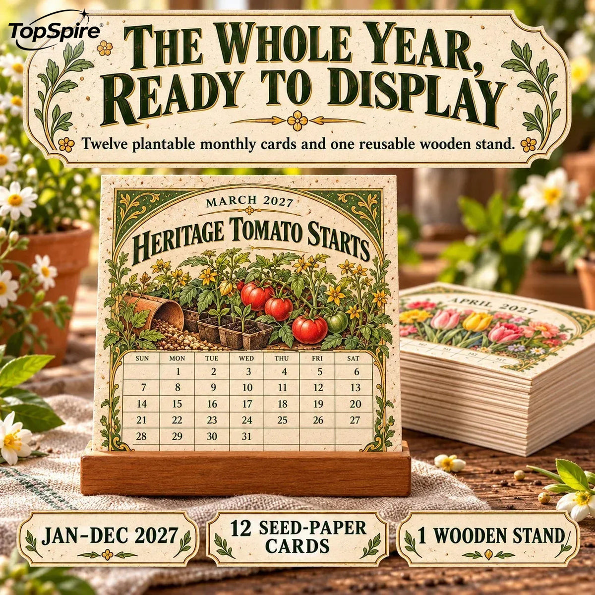 ⏰ Limited Time Sale 49% OFF🌱 2027 Heirloom Garden Plantable Seed Calendar | 12 Plantable Months with Vintage Botanical Art & Wooden Stand 🌼