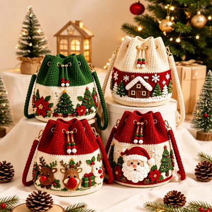 🎄Christmas Crochet Bucket Crossbody Bag 🎅 | 4 Styles Hand‑Knitted Drawstring Shoulder Purse | Festive Holiday Women Handbag Gift