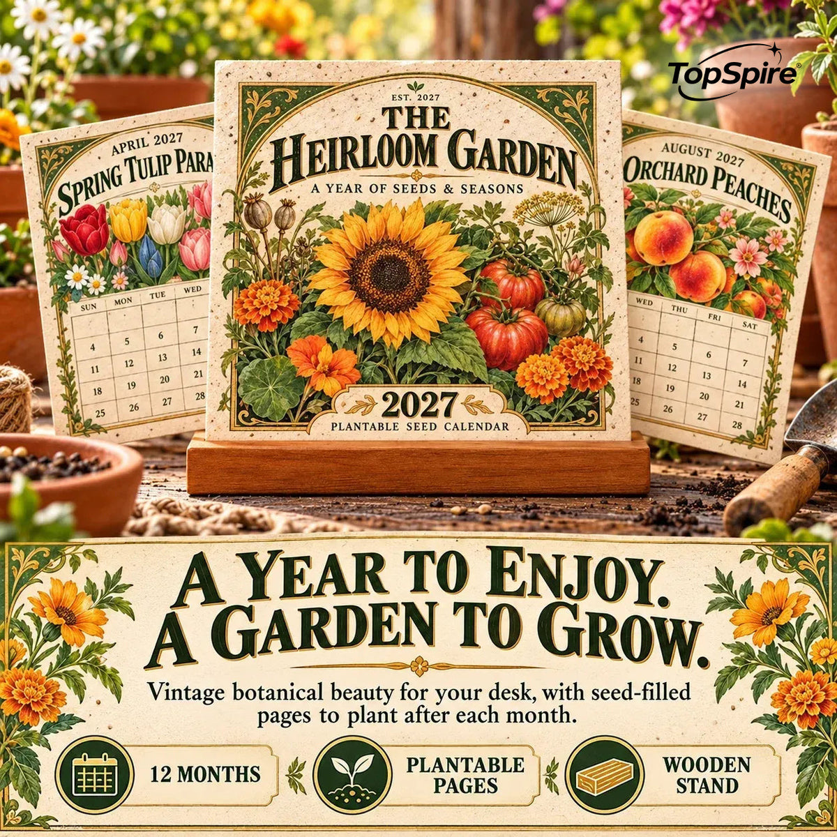 ⏰ Limited Time Sale 49% OFF🌱 2027 Heirloom Garden Plantable Seed Calendar | 12 Plantable Months with Vintage Botanical Art & Wooden Stand 🌼