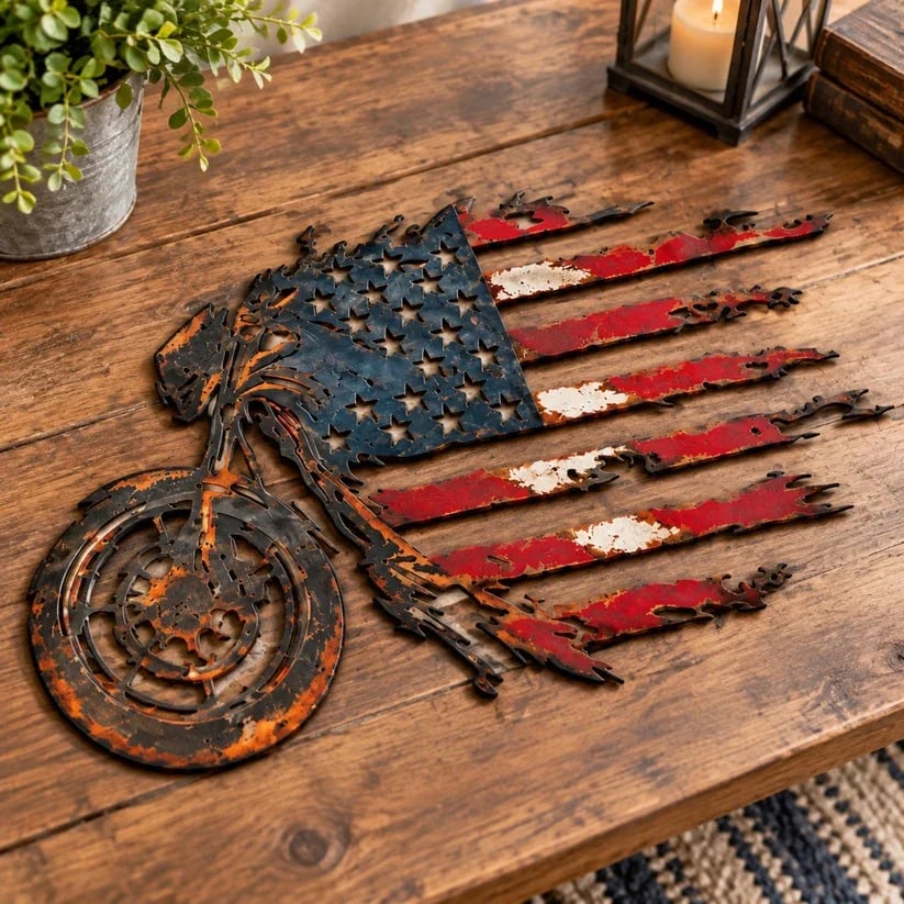 🏍️🇺🇸 American Flag Motorcycle Metal Wall Art – A Bold Tribute to Freedom & the Open Road