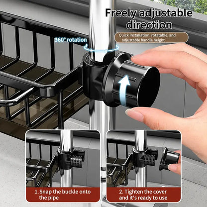 💧🧽Sink Organizer Rack,Hanging Faucet Drain Rack with Drip Tray Stainless Steel Detachable Sink Faucet Sponge Holder Over Faucet for Kitchen and Bathroom,Scrubbers, Soap,Brush
