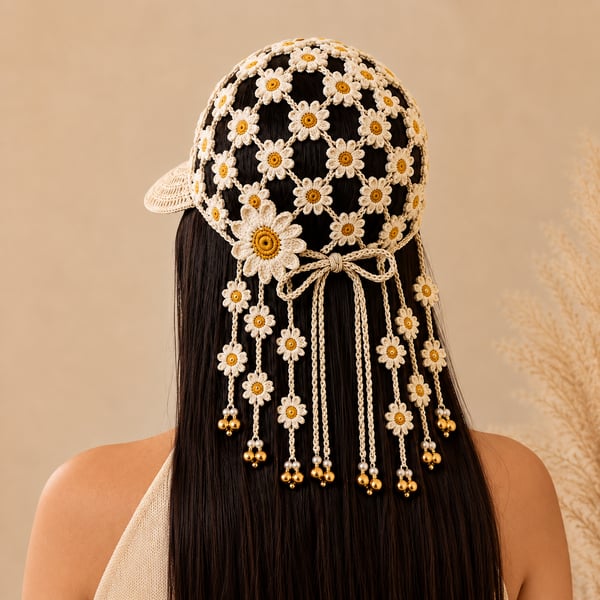 🌻 Gorro de ganchillo hecho a mano con girasoles | Diseño bohemio transpirable de punto abierto con flores dimensionales, borlas florales y lazo trasero ajustable 👒