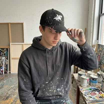 🦈 Shark Bite Baseball Cap | Embroidered Shark • Bite-Shaped Frayed Brim