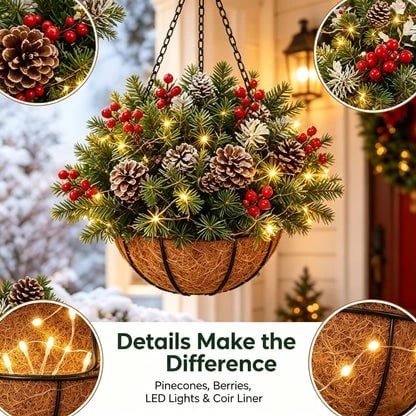 🎄Christmas Hot Sale🔥 Pre-Lit Christmas Hanging Basket | Warm LED Evergreen Décor for Porches, Doors & Entryways ✨