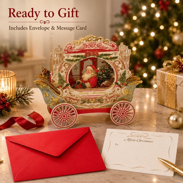 🎄3D Pop Up Christmas Carriage Greeting Card 🎠 Freestanding Gold Foil Festive Keepsake Ornament with Envelope