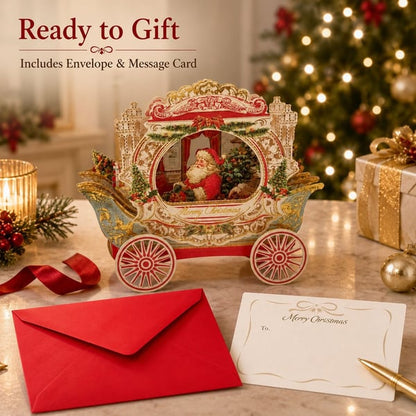 🎄3D Pop Up Christmas Carriage Greeting Card 🎠 Freestanding Gold Foil Festive Keepsake Ornament with Envelope
