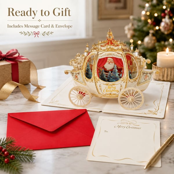 🎄3D Pop Up Christmas Carriage Greeting Card 🎠 Freestanding Gold Foil Festive Keepsake Ornament with Envelope
