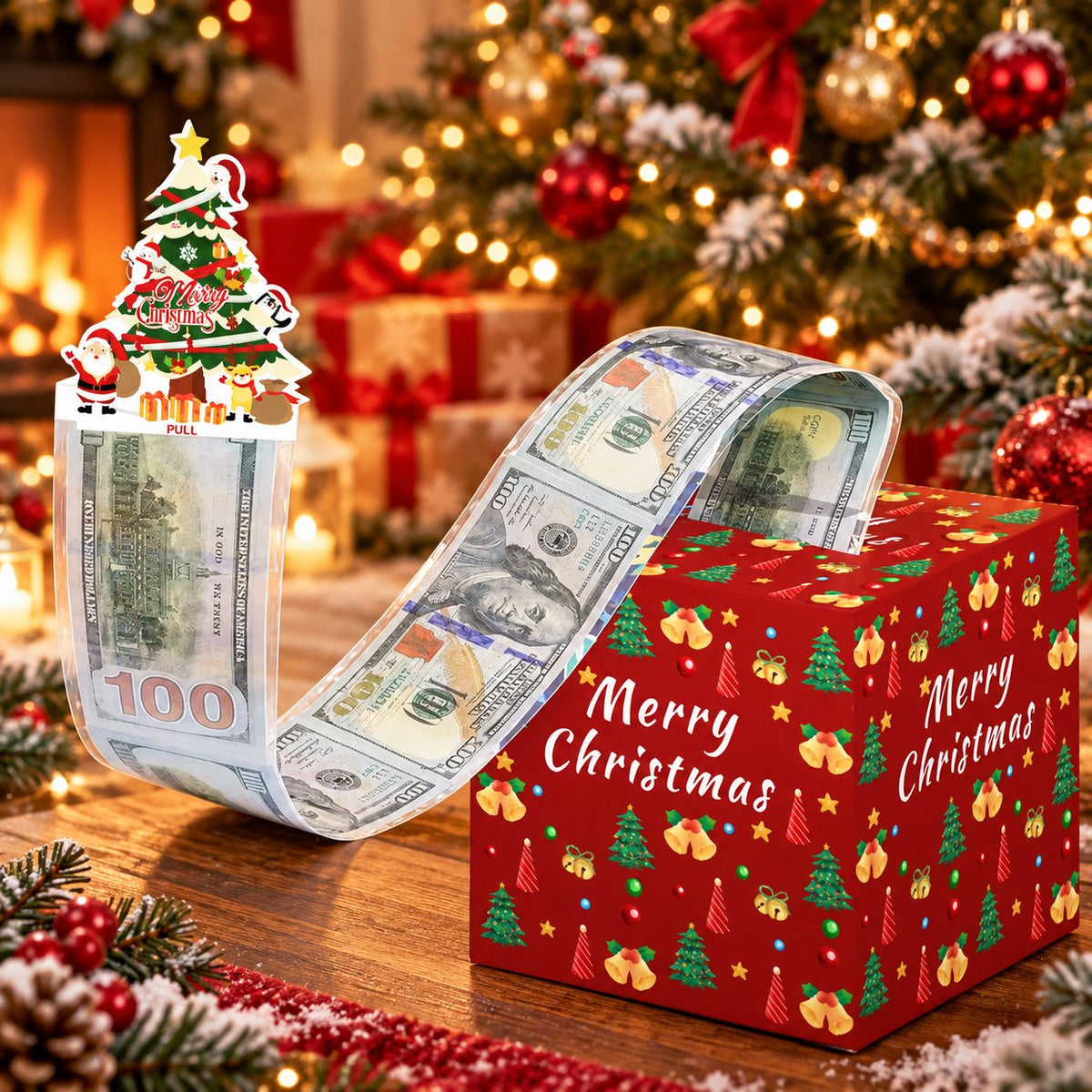 💵🎄 Christmas Money Pull Surprise Box 50 Fillable Pockets for Cash, Treats, Notes & More 🎁