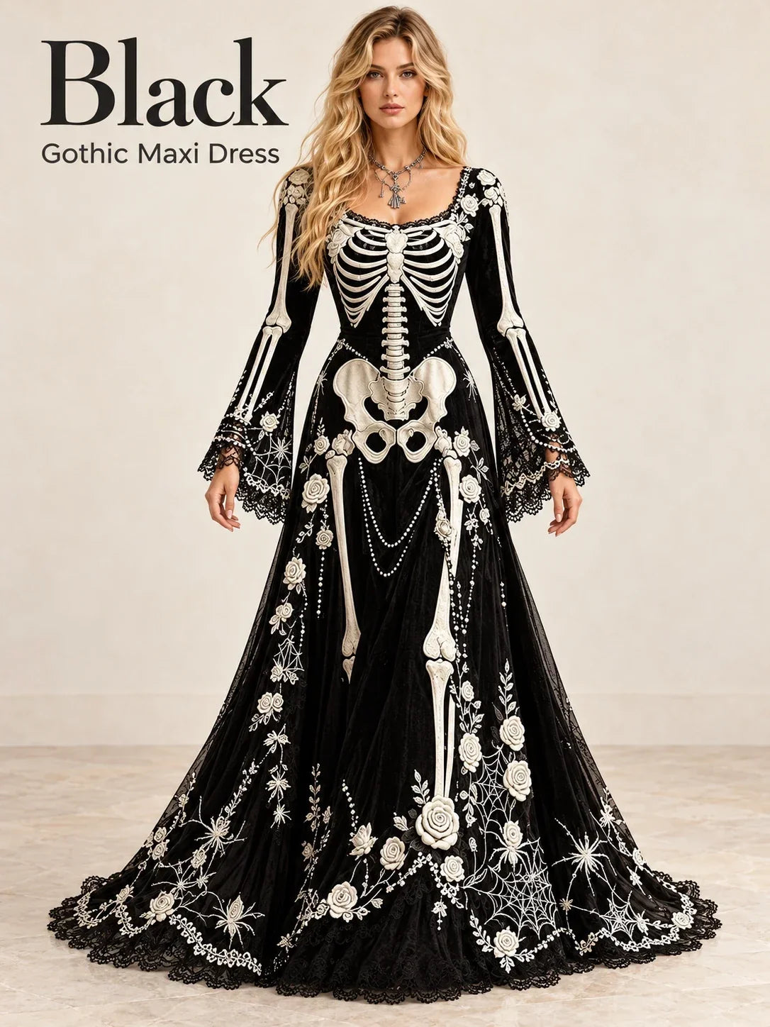Gothic Skeleton Maxi Dress for Halloween | Bell Sleeve 🕸️