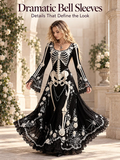 Gothic Skeleton Maxi Dress for Halloween | Bell Sleeve 🕸️