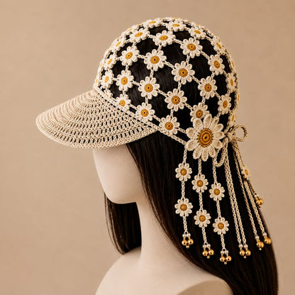 🌻 Gorro de ganchillo hecho a mano con girasoles | Diseño bohemio transpirable de punto abierto con flores dimensionales, borlas florales y lazo trasero ajustable 👒