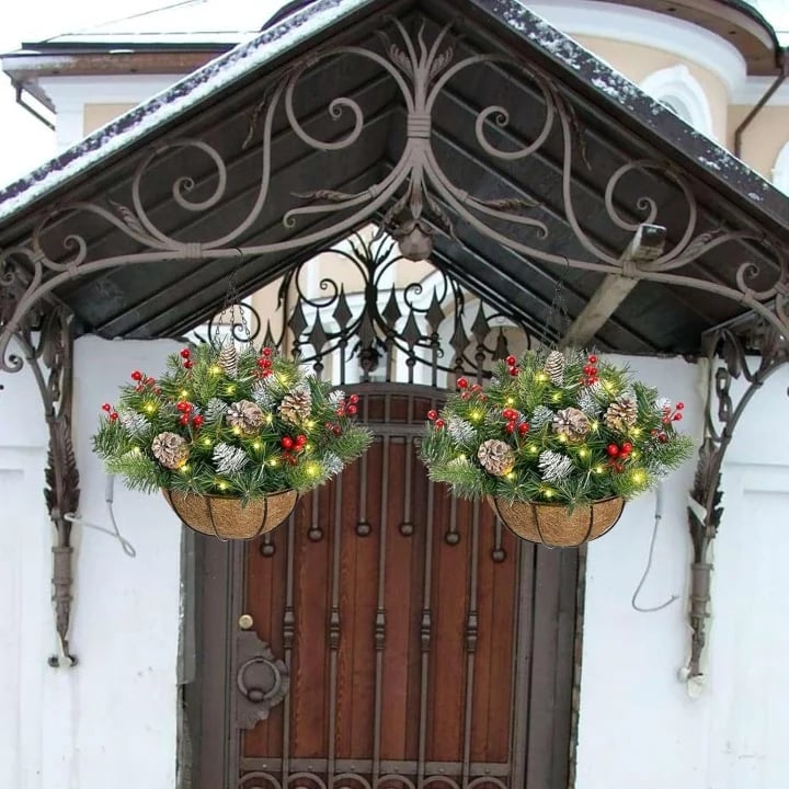 🎄Christmas Hot Sale🔥 Pre-Lit Christmas Hanging Basket | Warm LED Evergreen Décor for Porches, Doors & Entryways ✨