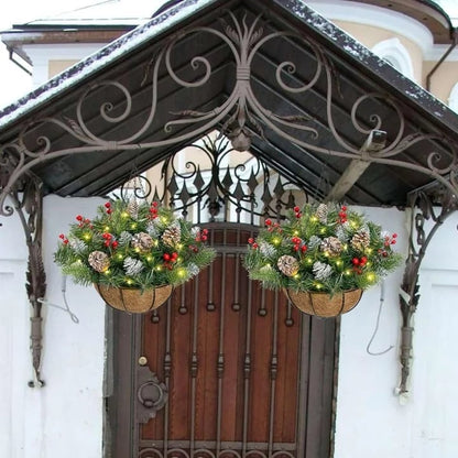 🎄Christmas Hot Sale🔥 Pre-Lit Christmas Hanging Basket | Warm LED Evergreen Décor for Porches, Doors & Entryways ✨
