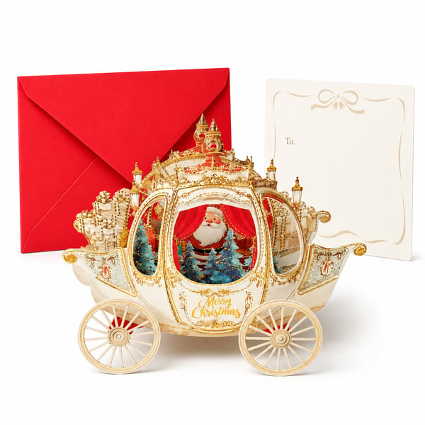 🎄3D Pop Up Christmas Carriage Greeting Card 🎠 Freestanding Gold Foil Festive Keepsake Ornament with Envelope