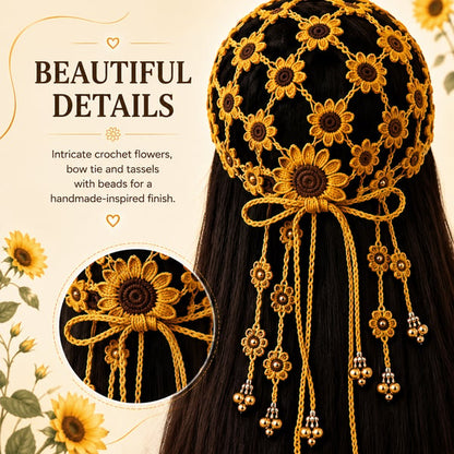 🌻 Gorro de ganchillo hecho a mano con girasoles | Diseño bohemio transpirable de punto abierto con flores dimensionales, borlas florales y lazo trasero ajustable 👒