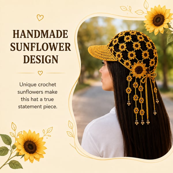 🌻 Gorro de ganchillo hecho a mano con girasoles | Diseño bohemio transpirable de punto abierto con flores dimensionales, borlas florales y lazo trasero ajustable 👒