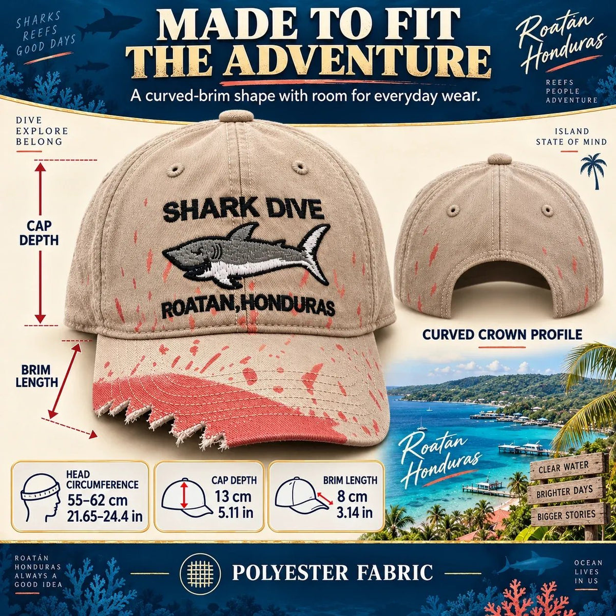 🦈 Shark Bite Baseball Cap | Embroidered Shark • Bite-Shaped Frayed Brim