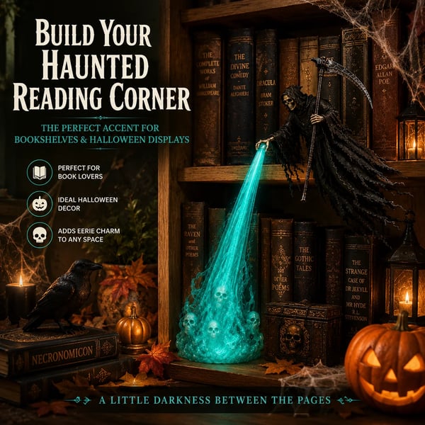 💀 Luz de estantería de Halloween "Soul Harvester" | Decoración de Parca Flotante con Haz de Alma Brillante para Estanterías, Rincones de Lectura y Exhibiciones Góticas 🎃
