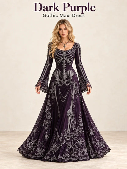 Gothic Skeleton Maxi Dress for Halloween | Bell Sleeve 🕸️