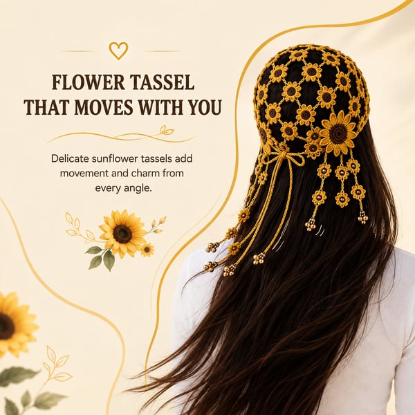 🌻 Gorro de ganchillo hecho a mano con girasoles | Diseño bohemio transpirable de punto abierto con flores dimensionales, borlas florales y lazo trasero ajustable 👒