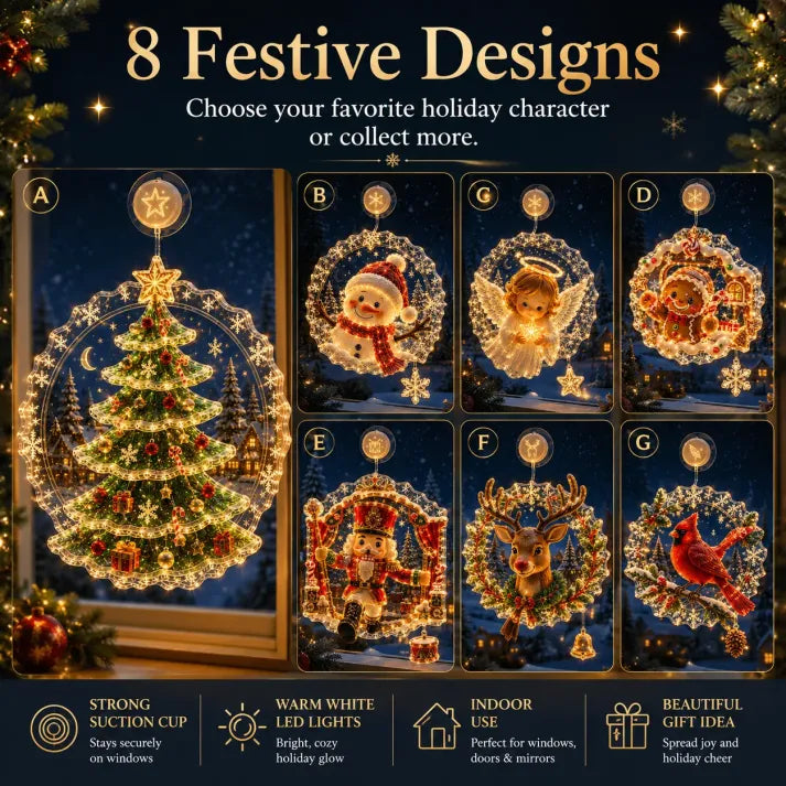 Lighted Christmas Window Decoration with Suction Cup | Warm LED Window Light with Double-Layer Design & Multiple Festive Styles ✨