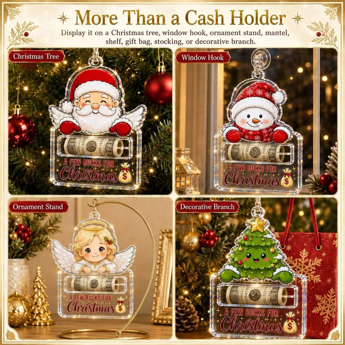 🎄 Adorno Soporte de Dinero Navideño Transparente | Acrílico Transparente Premium con Detalles Festivos de Personajes, Ranura Oculta para Dinero en Efectivo y Cuerda para Colgar Incluida 💵✨