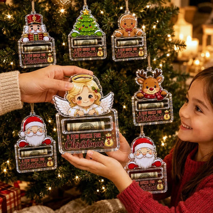 🎄 Adorno Soporte de Dinero Navideño Transparente | Acrílico Transparente Premium con Detalles Festivos de Personajes, Ranura Oculta para Dinero en Efectivo y Cuerda para Colgar Incluida 💵✨