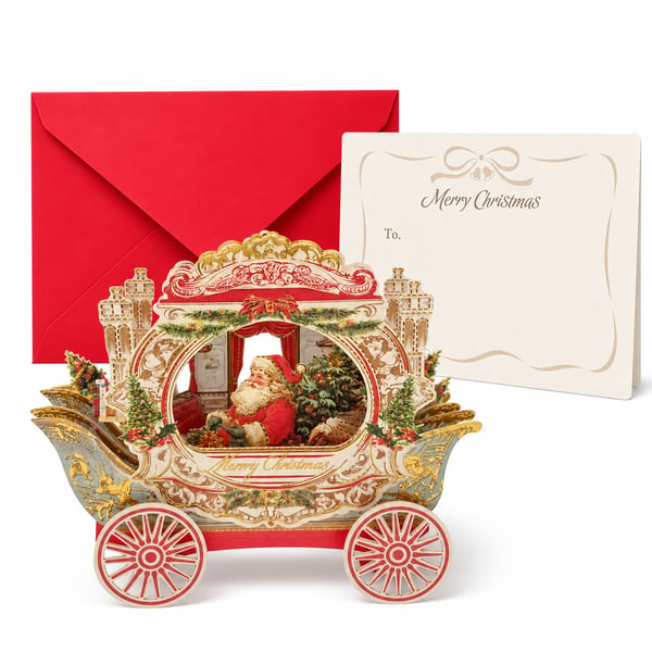🎄3D Pop Up Christmas Carriage Greeting Card 🎠 Freestanding Gold Foil Festive Keepsake Ornament with Envelope