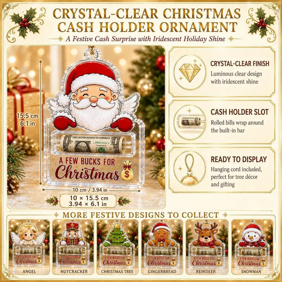 🎄 Adorno Soporte de Dinero Navideño Transparente | Acrílico Transparente Premium con Detalles Festivos de Personajes, Ranura Oculta para Dinero en Efectivo y Cuerda para Colgar Incluida 💵✨