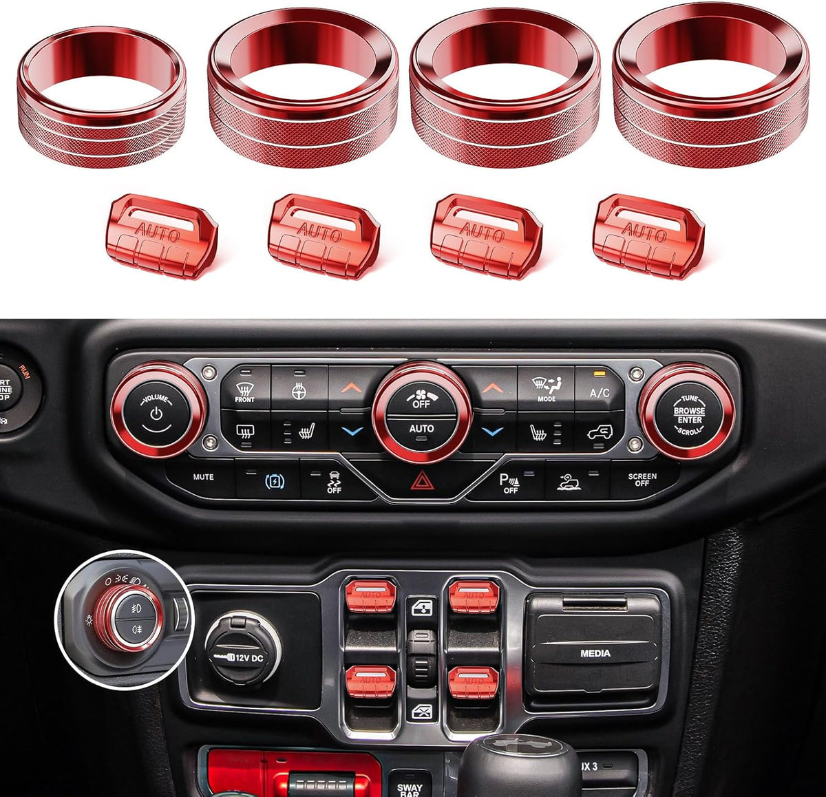 DIAMOOKY 8PCS Metal Button Knob Cover for Jeep Wrangler JL JLU 2018-2025 2026 & Gladiator JT Accessories Window Switch Button Cover Volume Radio Air Conditioner Headlight Switch Knob Cover (Red) - image 1
