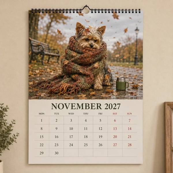 Calendario de pared divertido de Yorkshire Terrier de 2027 | Calendario colgante A4