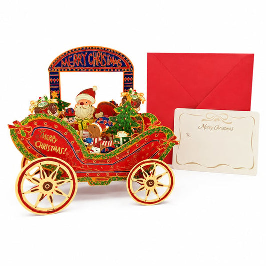 🎄3D Pop Up Christmas Carriage Greeting Card 🎠 Freestanding Gold Foil Festive Keepsake Ornament with Envelope