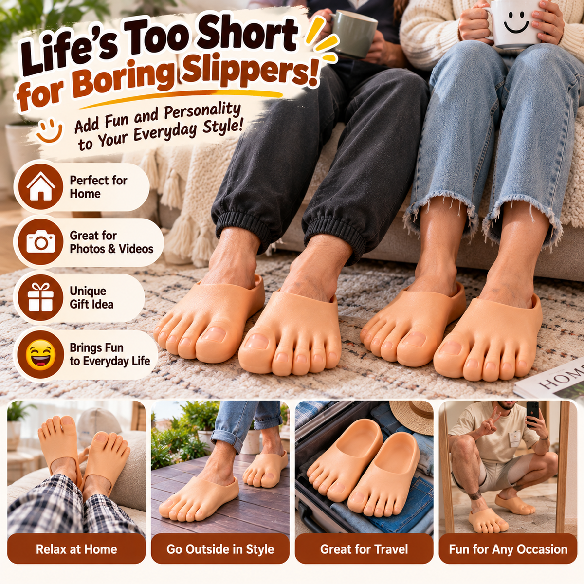😂 Realistic Barefoot Slippers – Funny Giant Toe Slides, Hilarious Prank Gift 👣