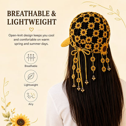 🌻 Gorro de ganchillo hecho a mano con girasoles | Diseño bohemio transpirable de punto abierto con flores dimensionales, borlas florales y lazo trasero ajustable 👒